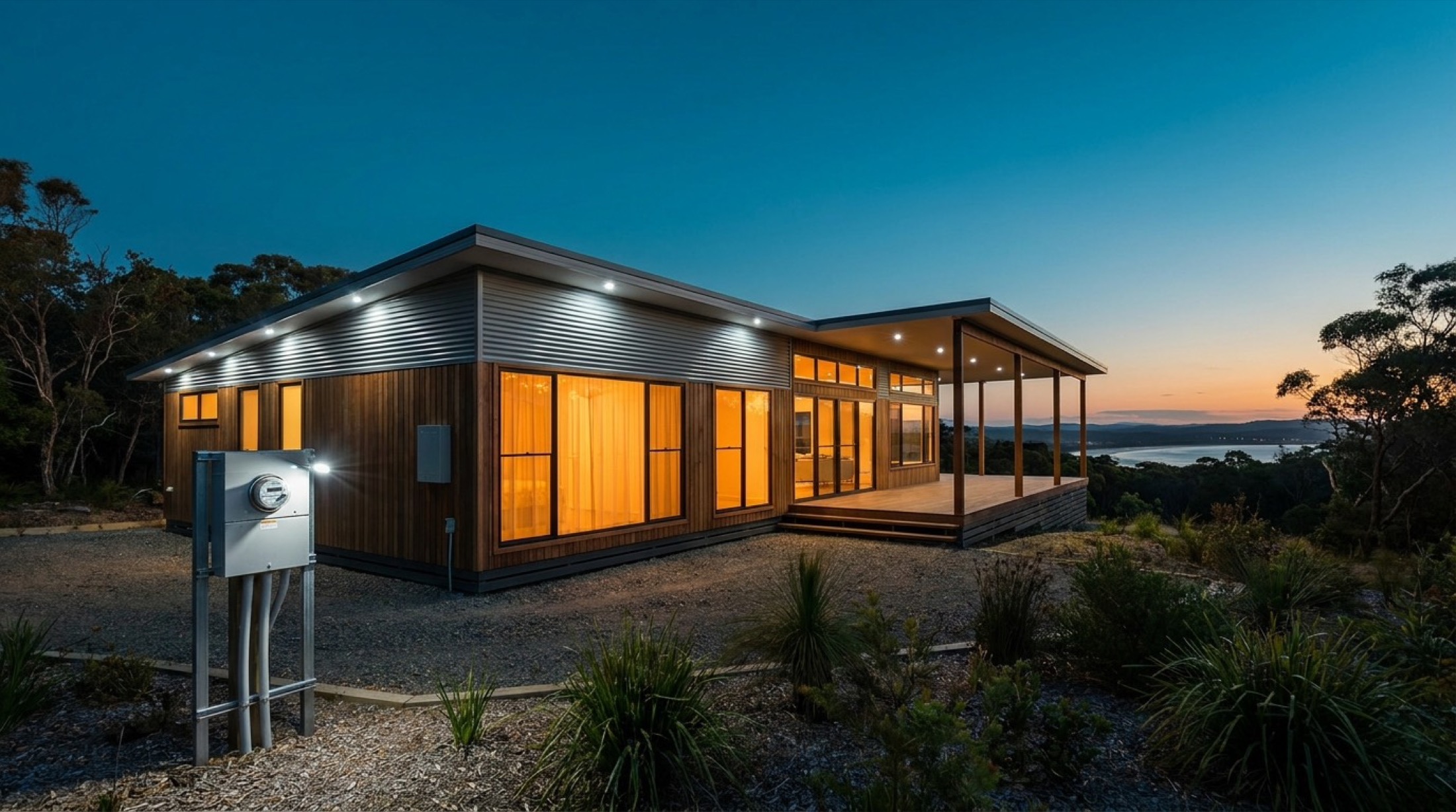 A modern home at dusk with the outdoor and interior lights on