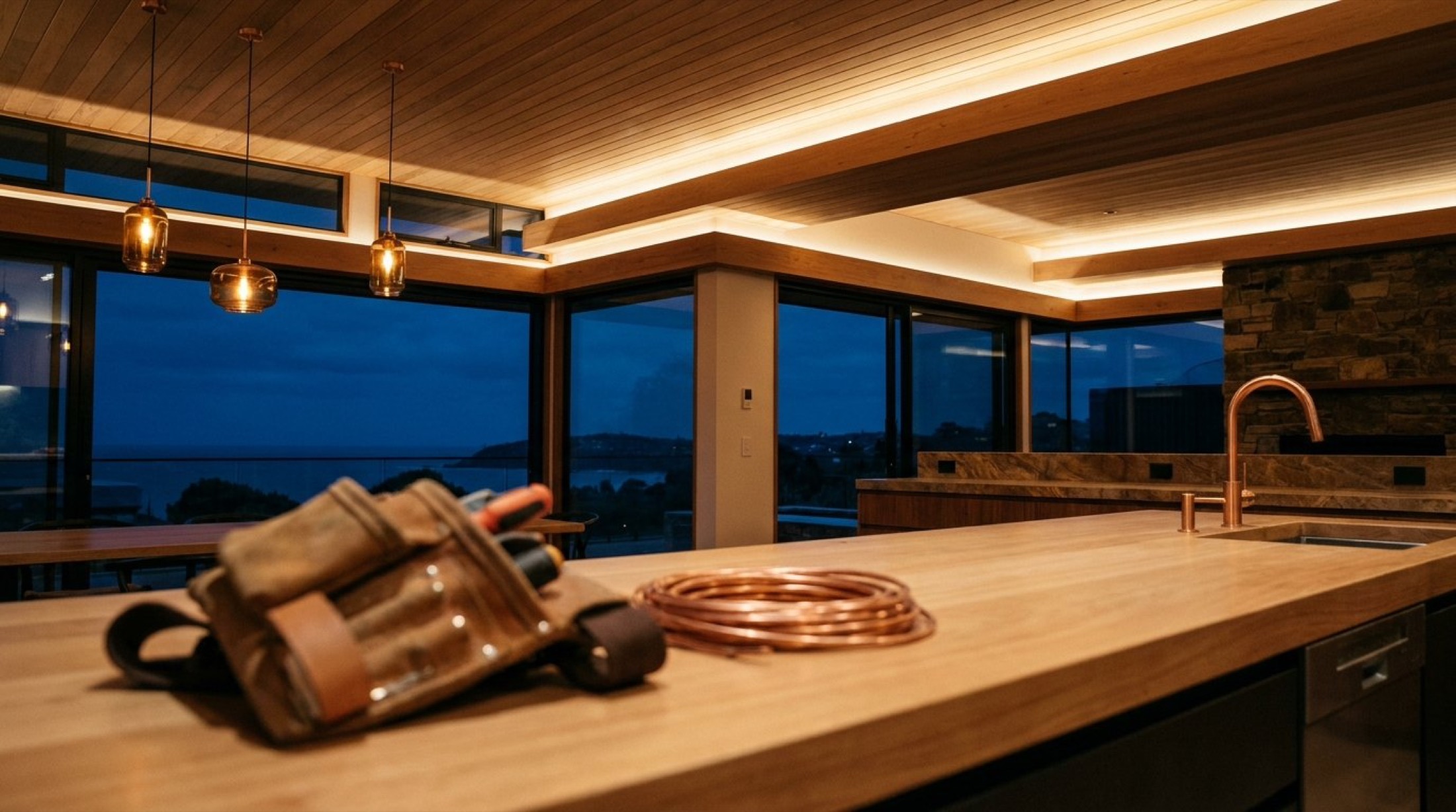 A kitchen and dining space lit by a warm strip of ceiling light at night