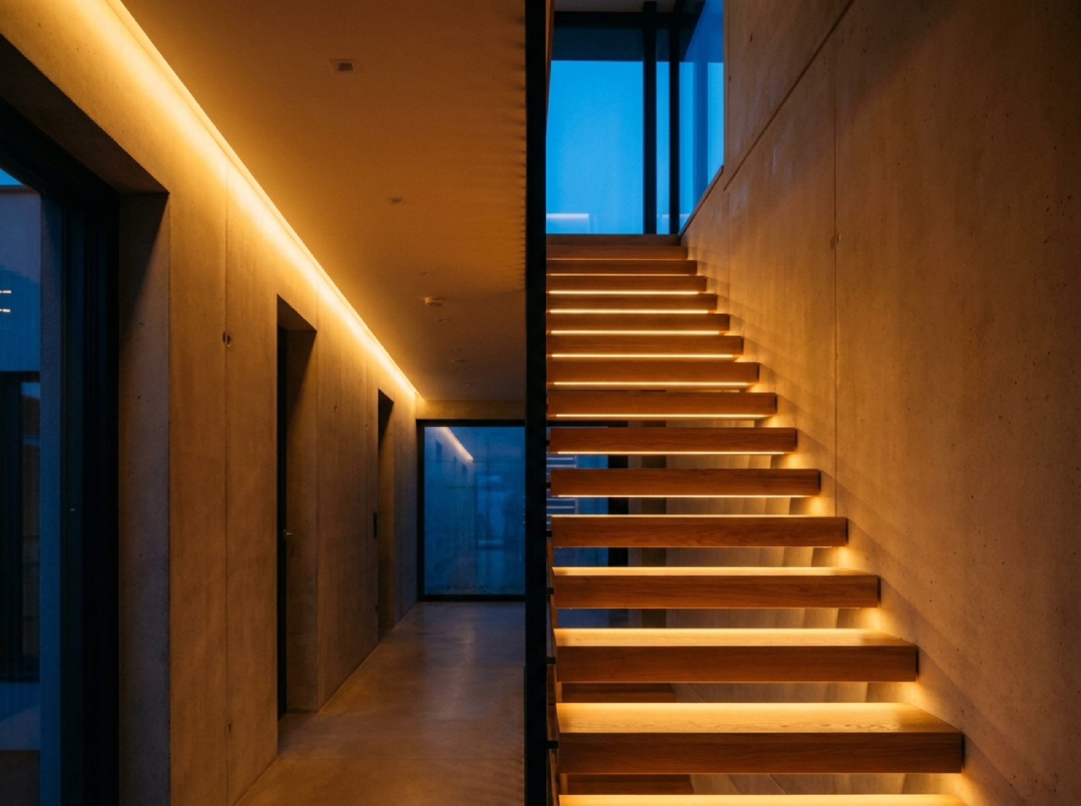 A staircase and hallway lit by warm recessed strip lighting