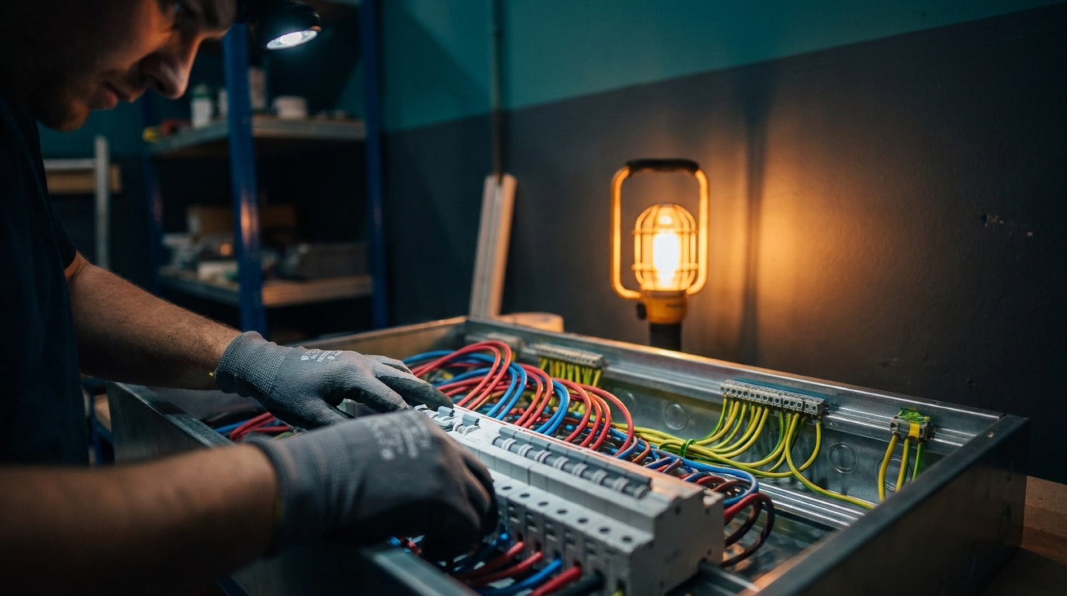 An electrician's gloved hands working across a row of circuit breakers
