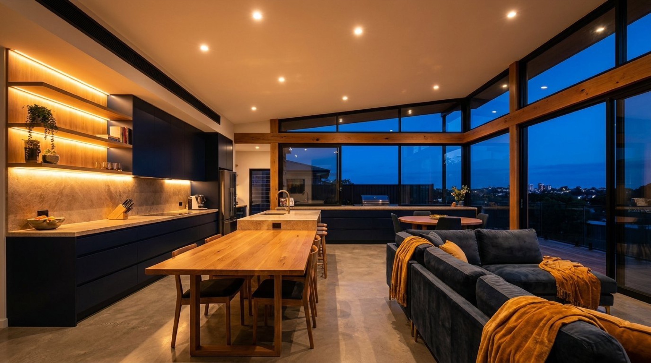 A dark modern kitchen and dining space lit with recessed lighting at dusk