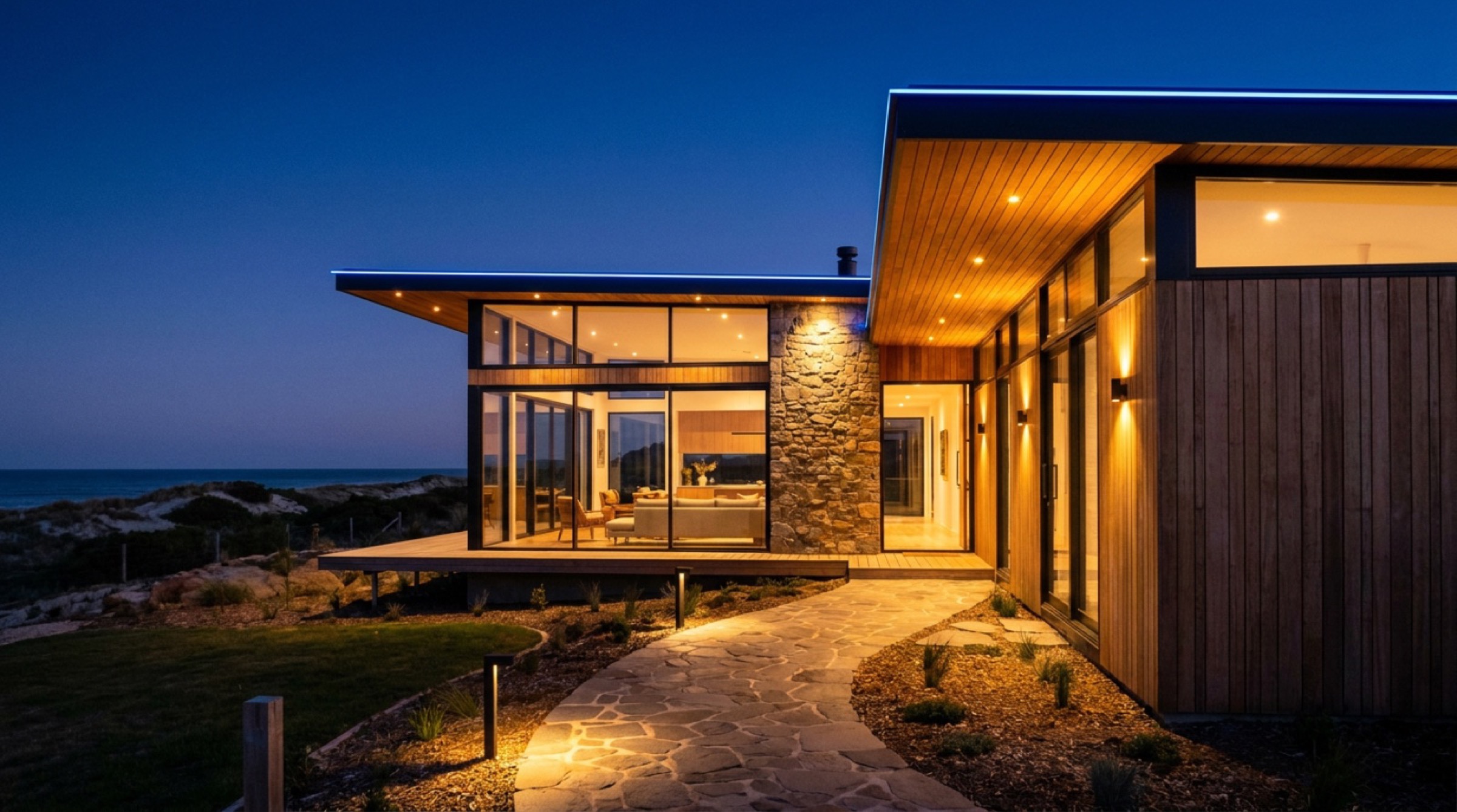 A modern Queensland home at dusk with the interior lights on