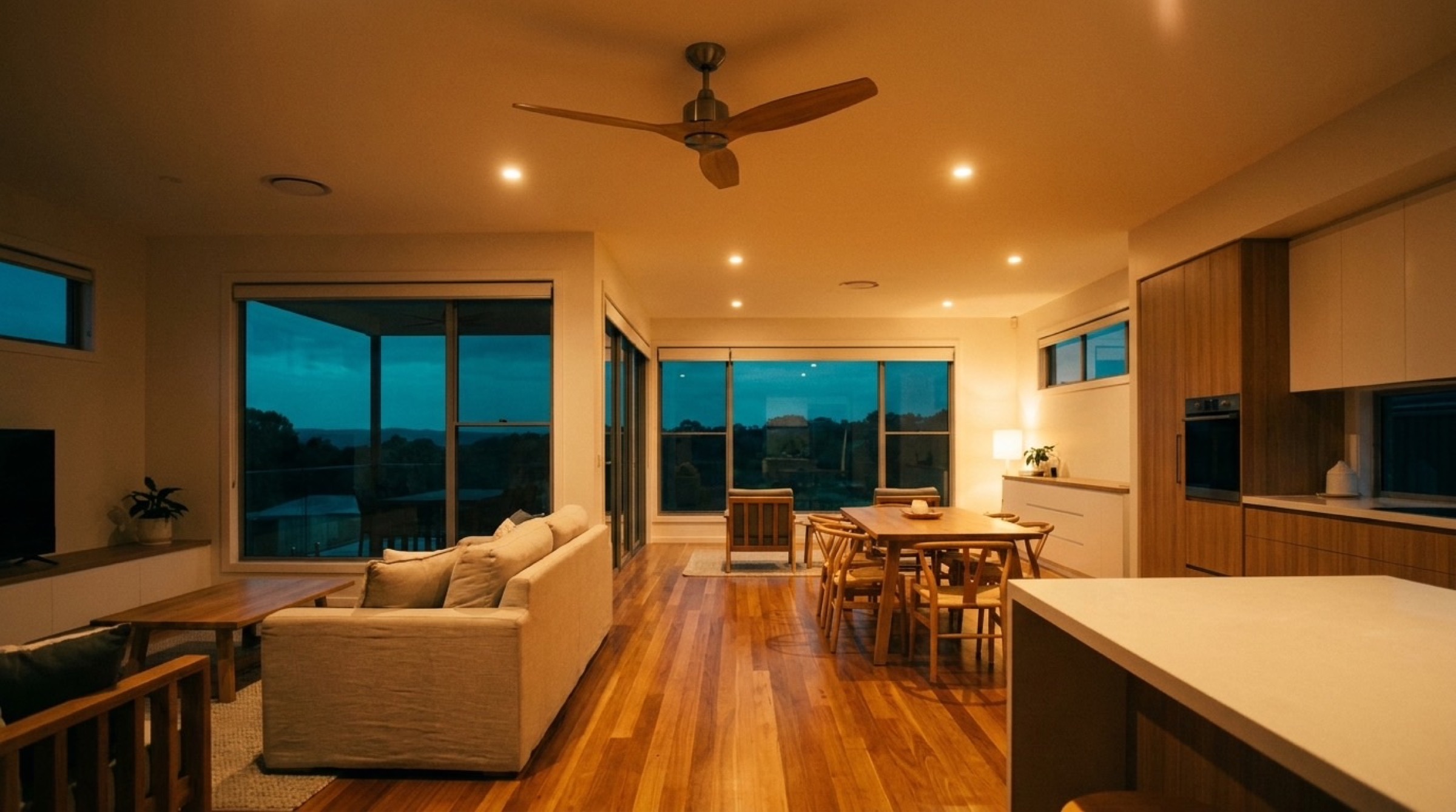 A dining and kitchen area lit at dusk with the windows dark