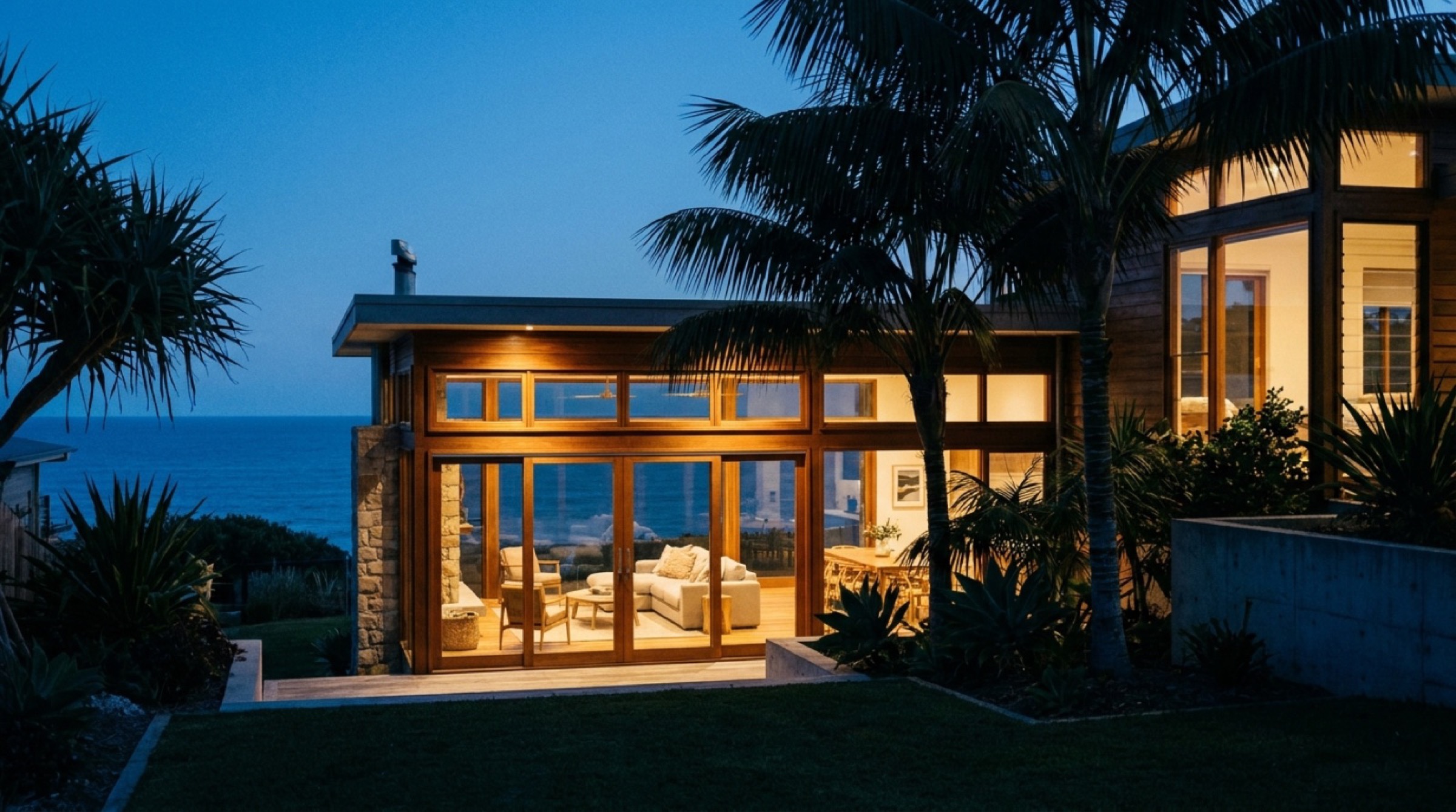 A Queensland home lit up at dusk with palms in the garden