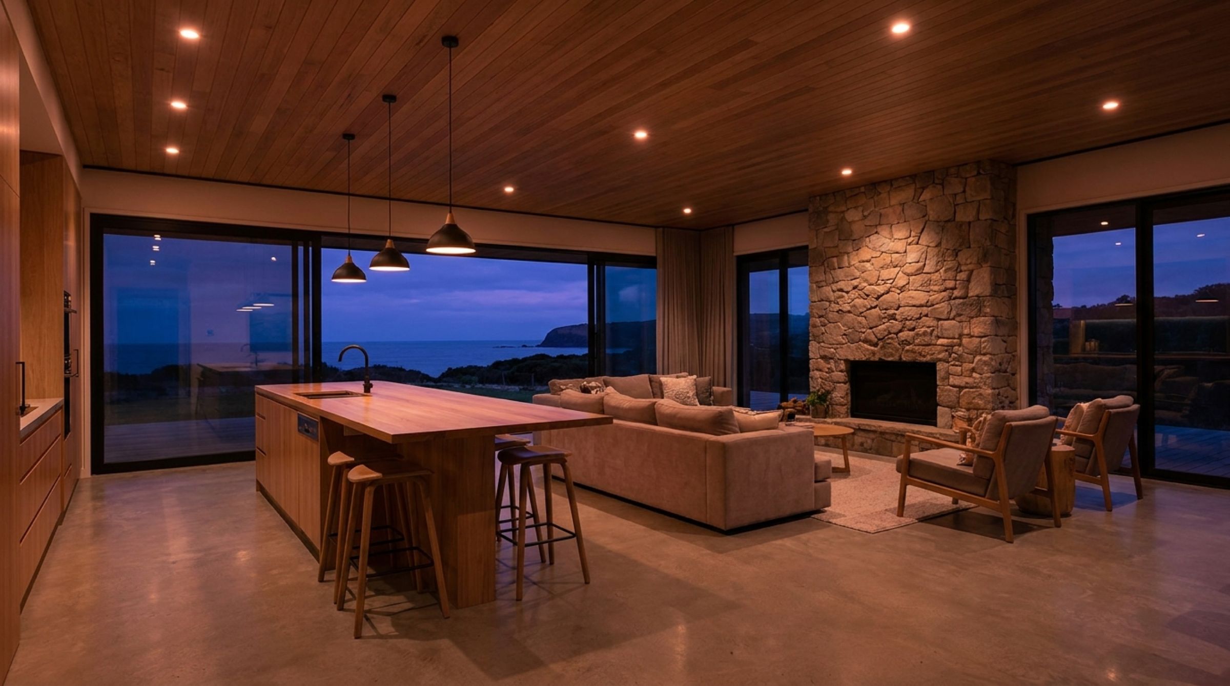 A warm living room lit at dusk with the ocean through the window
