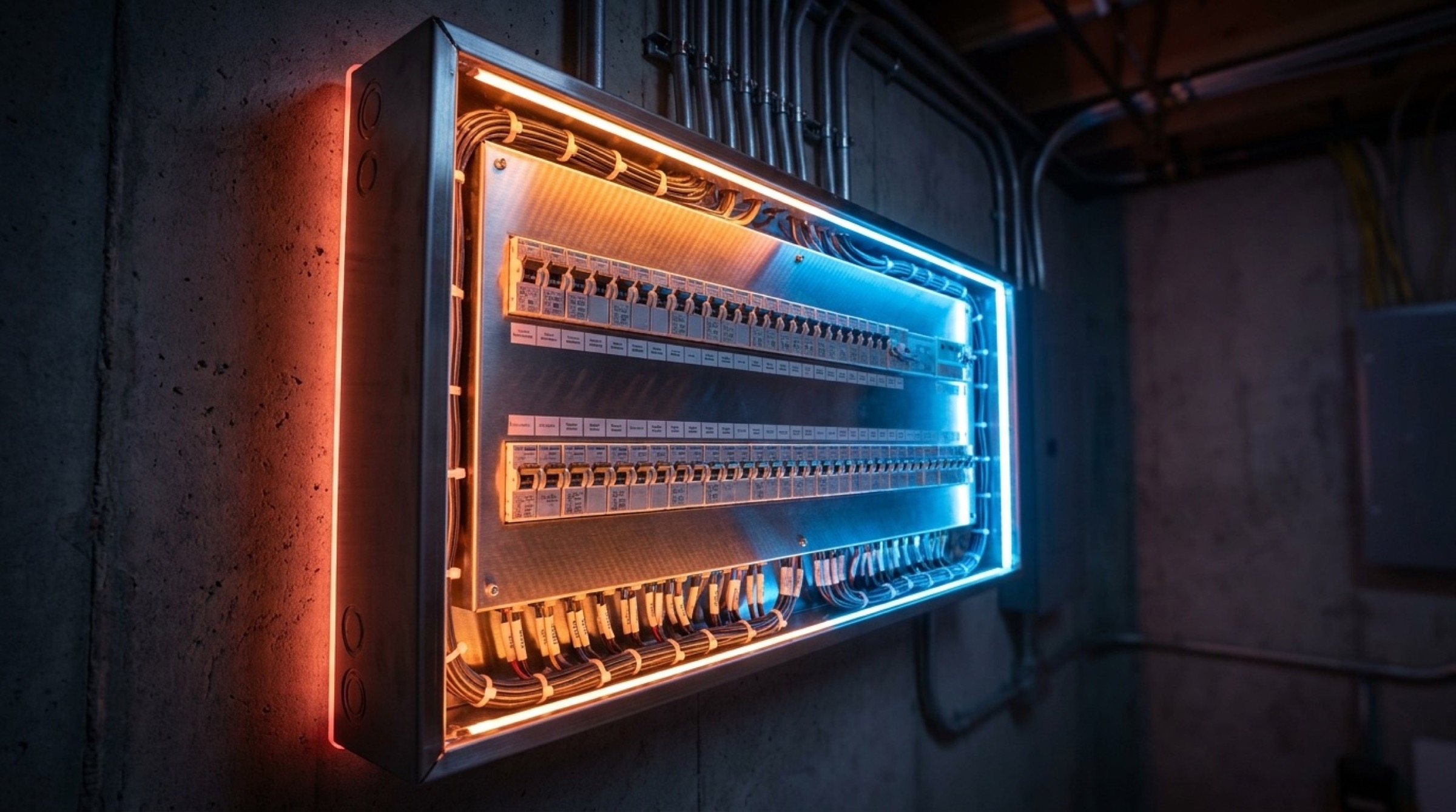 A switchboard lit from behind in a dark plant room
