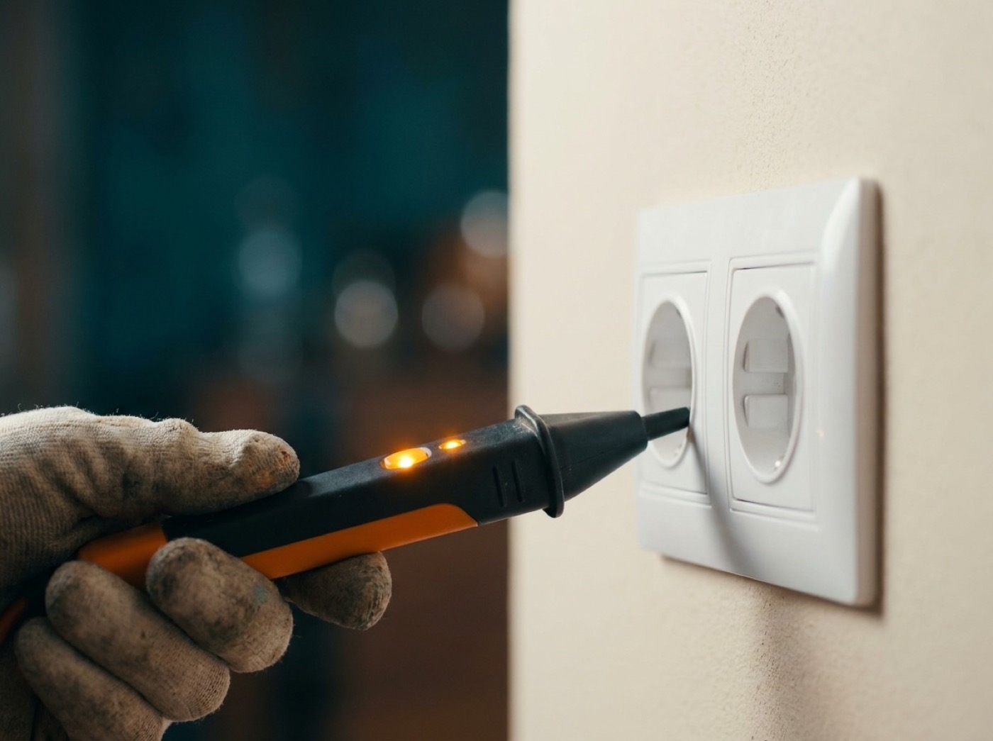 A hand holding a voltage tester against a power point on a wall