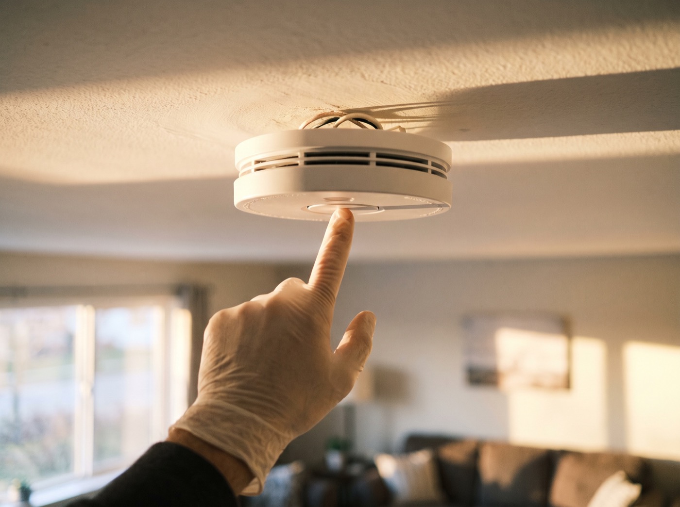 A hand pressing the test button on a smoke alarm mounted on a ceiling