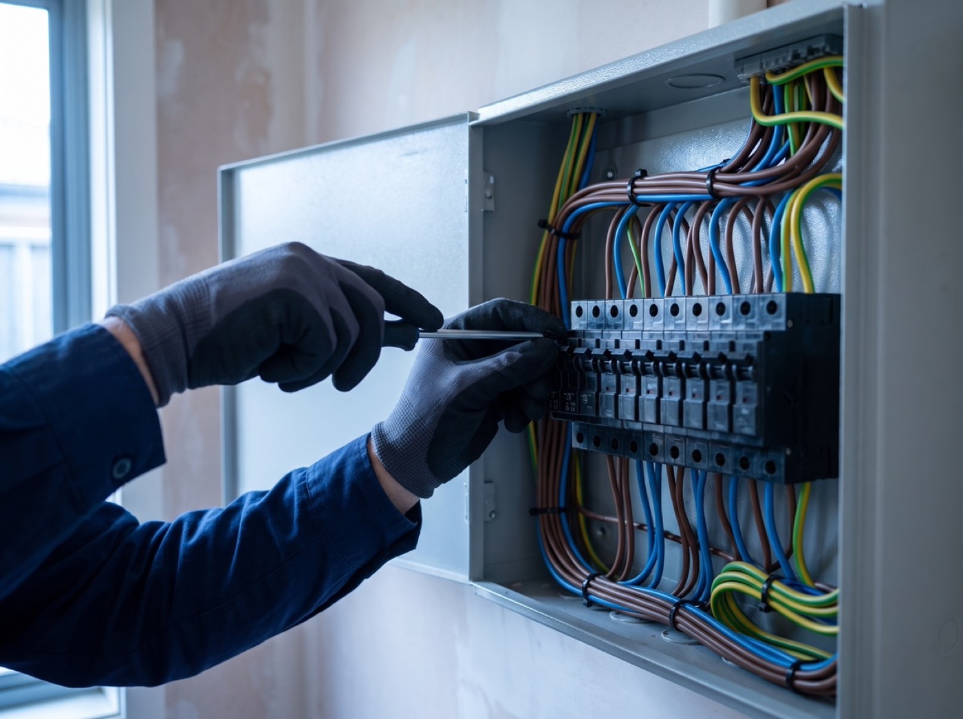 An electrician working inside an open switchboard fitted with modern circuit breakers